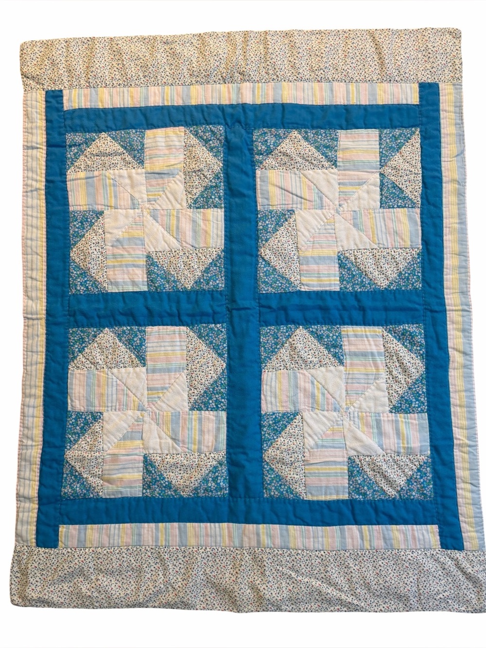Vintage Handmade Patchwork Baby Crib Quilt 37x47 Blue Floral Pinwheel